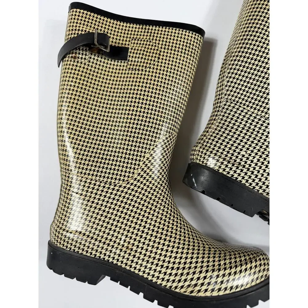 Sam & Libby Vintage Tall Rain Boots Houndstooth Black Cream Buckle Size 7